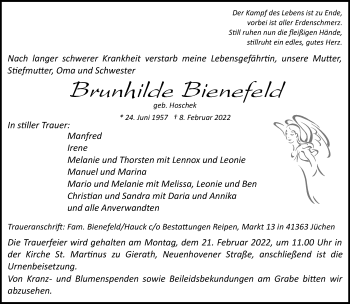 Traueranzeige von Brunhilde Bienefeld von trauer.stadt-kurier.de