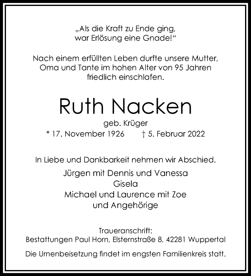  Traueranzeige für Ruth Nacken vom 12.02.2022 aus trauer.wuppertaler-rundschau.de