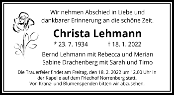 Traueranzeige von Christa Lehmann von trauer.wuppertaler-rundschau.de