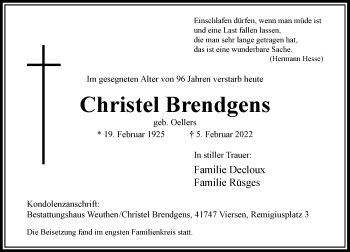 Traueranzeige von Christel Brendgens von trauer.extra-tipp-moenchengladbach.de