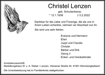 Traueranzeige von Christel Lenzen von trauer.extra-tipp-moenchengladbach.de