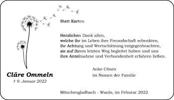 Traueranzeige von Cläre Ommeln von trauer.extra-tipp-moenchengladbach.de