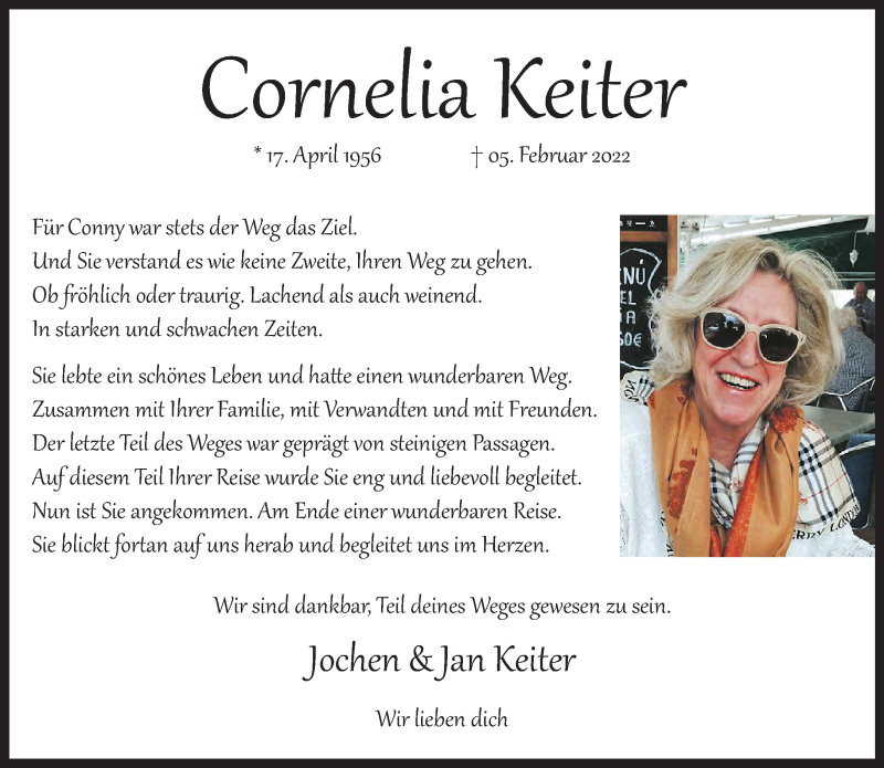 Traueranzeige für Cornelia Keiter vom 13.02.2022 aus trauer.extra-tipp-moenchengladbach.de