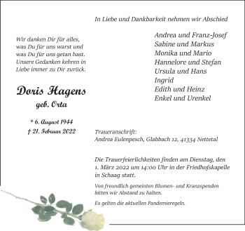 Traueranzeige von Doris Hagens von trauer.extra-tipp-moenchengladbach.de