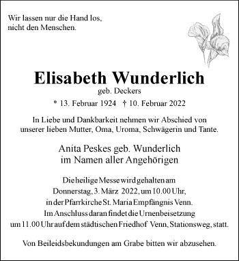 Traueranzeige von Elisabeth Wunderlich von trauer.extra-tipp-moenchengladbach.de