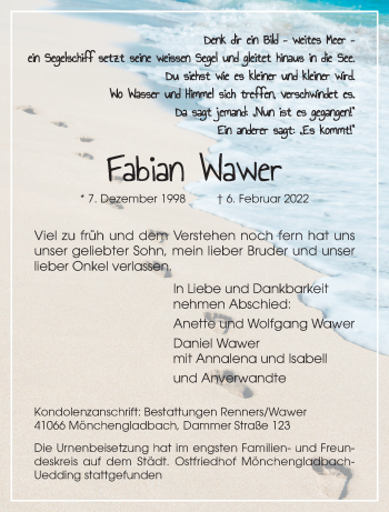 Traueranzeige von Fabian Wawer von trauer.extra-tipp-moenchengladbach.de