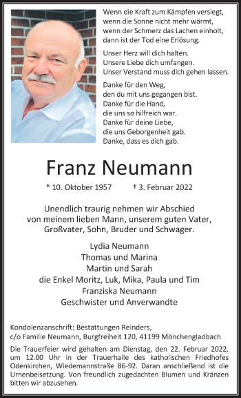 Traueranzeige von Franz Neumann von trauer.extra-tipp-moenchengladbach.de