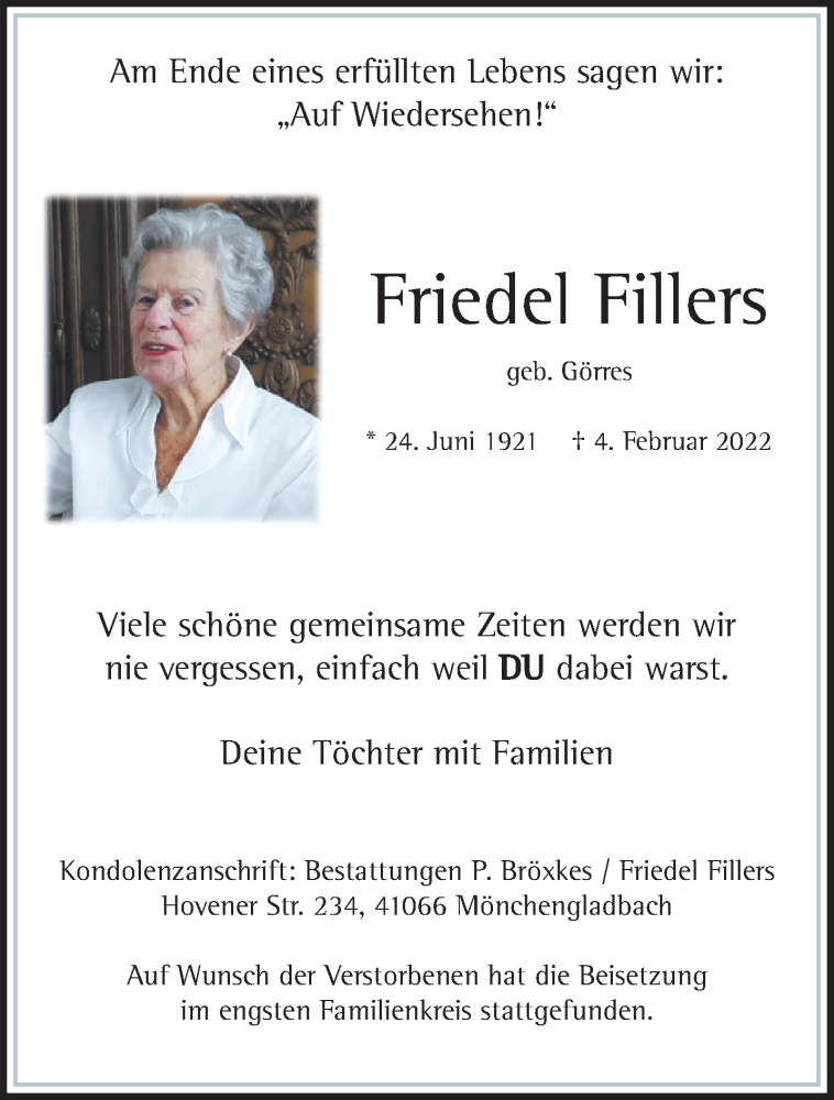  Traueranzeige für Friedel Fillers vom 20.02.2022 aus trauer.extra-tipp-moenchengladbach.de