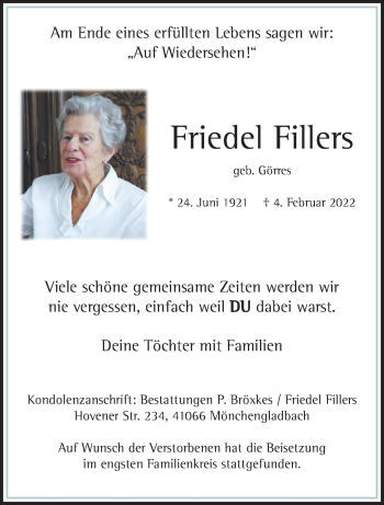 Traueranzeige von Friedel Fillers von trauer.extra-tipp-moenchengladbach.de