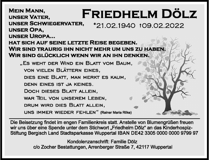  Traueranzeige für Friedhelm Dölz vom 19.02.2022 aus trauer.wuppertaler-rundschau.de