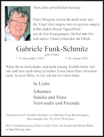 Traueranzeige von Gabriele Funk-Schmitz von trauer.extra-tipp-moenchengladbach.de