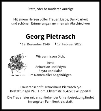 Traueranzeige von Georg Pietrasch von trauer.wuppertaler-rundschau.de