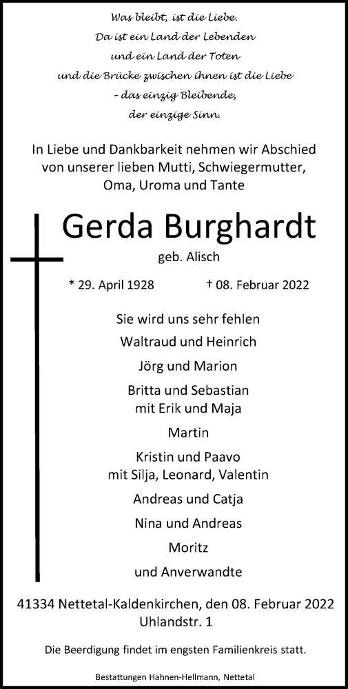  Traueranzeige für Gerda Burghardt vom 13.02.2022 aus trauer.extra-tipp-moenchengladbach.de