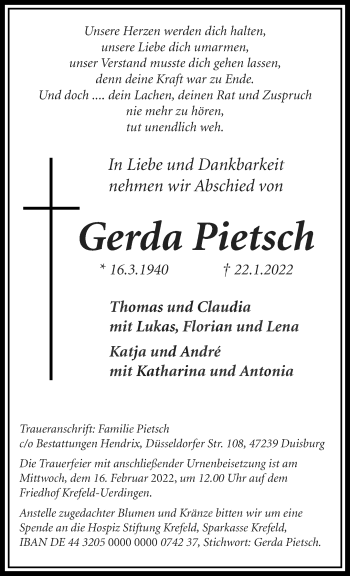 Traueranzeige von Gerda Pietsch von trauer.mein.krefeld.de