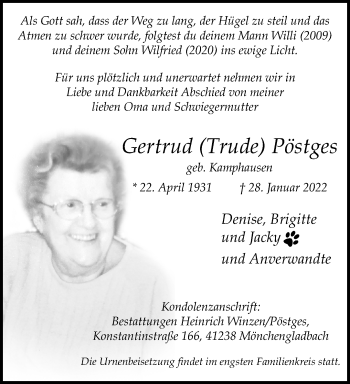 Traueranzeige von Gertrud Pöstges von trauer.extra-tipp-moenchengladbach.de