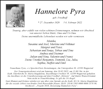 Traueranzeige von Hannelore Pyra von trauer.wuppertaler-rundschau.de