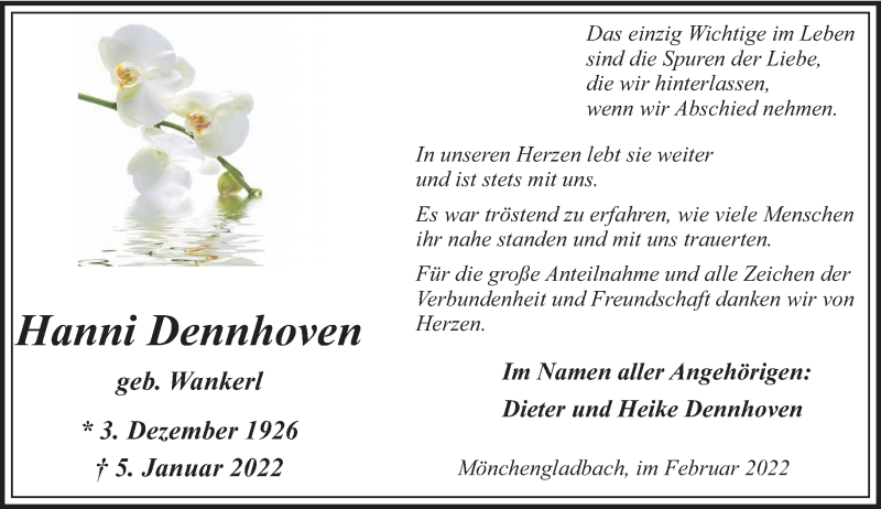  Traueranzeige für Hanni Dennhoven vom 13.02.2022 aus trauer.extra-tipp-moenchengladbach.de