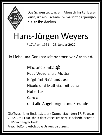 Traueranzeige von Hans-Jürgen Weyers von trauer.extra-tipp-moenchengladbach.de