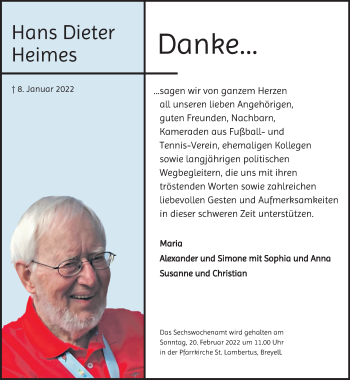 Traueranzeige von Hans Dieter Heimes von trauer.extra-tipp-moenchengladbach.de