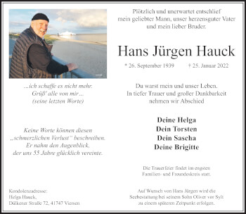 Traueranzeige von Hans Jürgen Hauck von trauer.extra-tipp-moenchengladbach.de