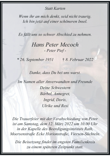 Traueranzeige von Hans Peter Mecoch von trauer.extra-tipp-moenchengladbach.de