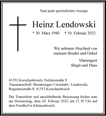 Traueranzeige von Heinz Lendowski von trauer.extra-tipp-moenchengladbach.de