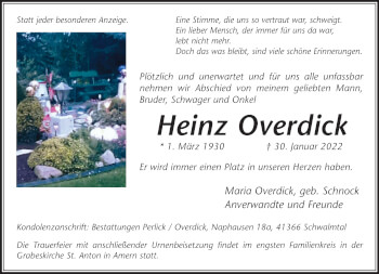 Traueranzeige von Heinz Overdick von trauer.extra-tipp-moenchengladbach.de