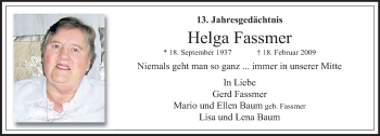 Traueranzeige von Helga Fassmer von trauer.extra-tipp-moenchengladbach.de