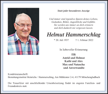 Traueranzeige von Helmut Hammerschlag von trauer.extra-tipp-moenchengladbach.de