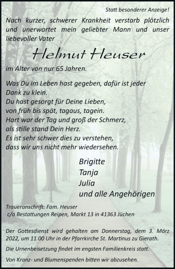 Traueranzeige von Helmut Heuser von trauer.stadt-kurier.de