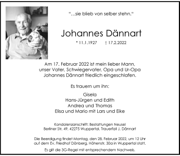 Traueranzeige von Johannes Dännart von trauer.wuppertaler-rundschau.de