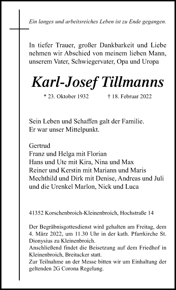  Traueranzeige für Karl-Josef Tillmanns vom 27.02.2022 aus trauer.extra-tipp-moenchengladbach.de