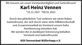 Traueranzeige von Karl Heinz Vennen von trauer.wuppertaler-rundschau.de