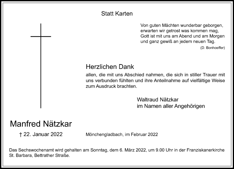  Traueranzeige für Manfred Nätzkar vom 27.02.2022 aus trauer.extra-tipp-moenchengladbach.de