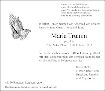 Traueranzeige von Maria Trumm von trauer.extra-tipp-moenchengladbach.de