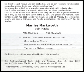 Traueranzeige von Marlies Markworth von trauer.extra-tipp-moenchengladbach.de