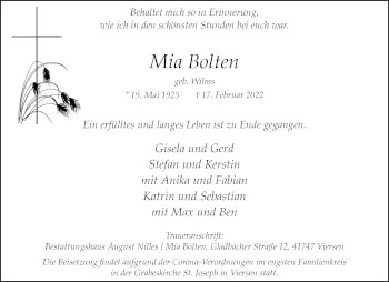 Traueranzeige von Mia Bolten von trauer.extra-tipp-moenchengladbach.de