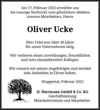 Traueranzeige von Oliver Ucke von trauer.wuppertaler-rundschau.de