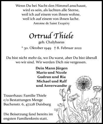 Traueranzeige von Ortrud Thiele von trauer.mein.krefeld.de