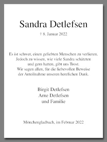 Traueranzeige von Sandra Detlefsen von trauer.extra-tipp-moenchengladbach.de