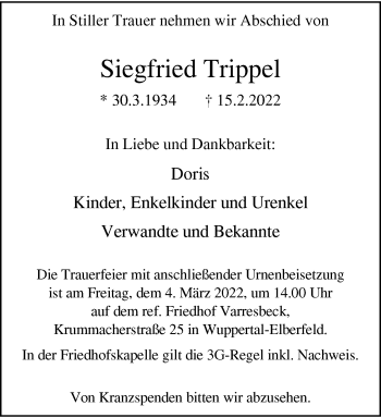 Traueranzeige von Siegfried Trippel von trauer.wuppertaler-rundschau.de