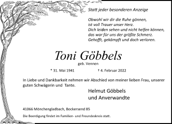 Traueranzeige von Toni Göbbels von trauer.extra-tipp-moenchengladbach.de