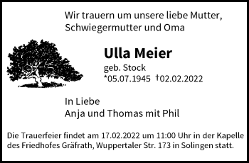 Traueranzeige von Ulla Meier von trauer.wuppertaler-rundschau.de