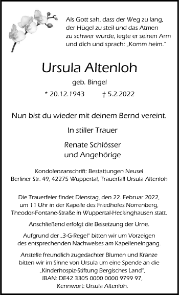 Traueranzeige von Ursula Altenloh von trauer.wuppertaler-rundschau.de