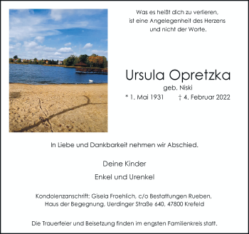 Traueranzeige von Ursula Opretzka von trauer.mein.krefeld.de