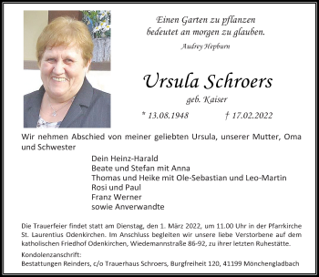 Traueranzeige von Ursula Schroers von trauer.extra-tipp-moenchengladbach.de