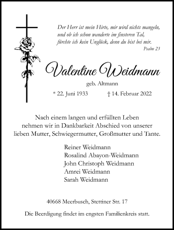 Traueranzeige von Valentine Weidmann von trauer.extra-tipp-moenchengladbach.de