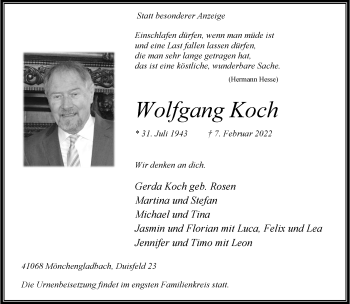 Traueranzeige von Wolfgang Koch von trauer.extra-tipp-moenchengladbach.de