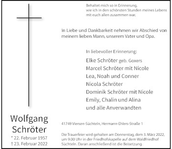 Traueranzeige von Wolfgang Schröter von trauer.extra-tipp-moenchengladbach.de