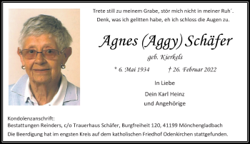 Traueranzeige von Agnes Schäfer von trauer.extra-tipp-moenchengladbach.de